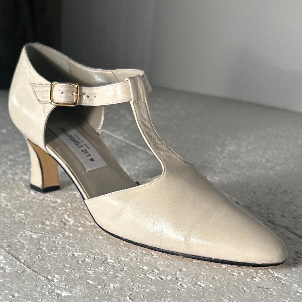 Liz Claiborne SZ7.5N Ivory Leather T-Strap Heels Formal Career Wedding Chic